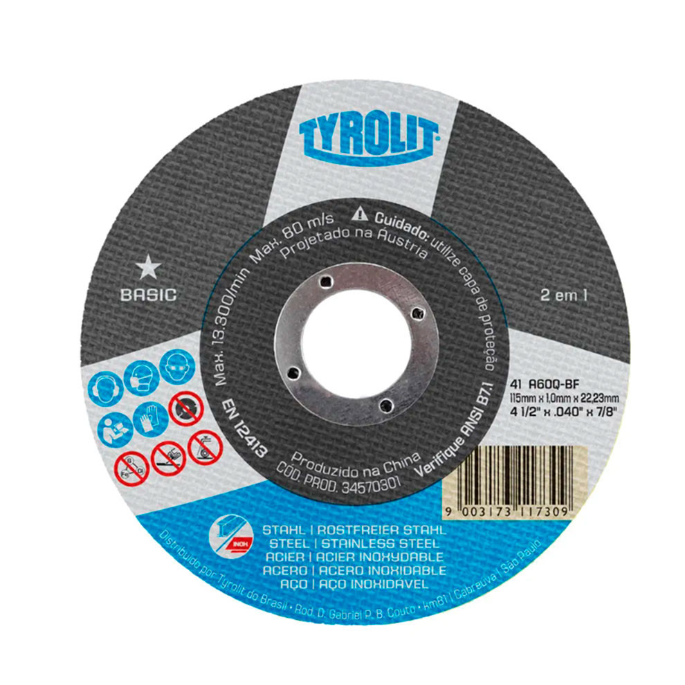 Disco de Corte para Aço e Aço Inox 4.1/2" Basic 115 x 1,0 x 22,23mm Tyrolit 34570301
