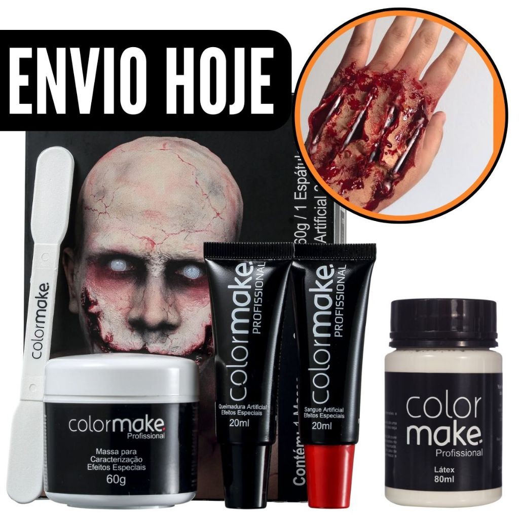 Kit Maquiagem Assustadora Halloween Sangue Falso Fake Queimadura Látex Profissional Artística