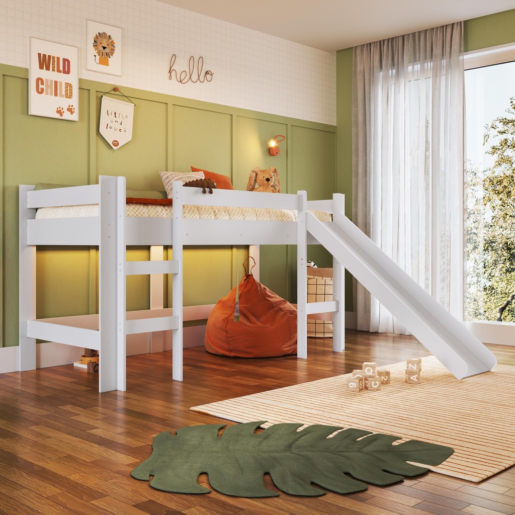 Cama Infantil Elevada Menino Menina Solteiro 202cm com Degrau e Escorregador Branca sem Cortina - Home & Living