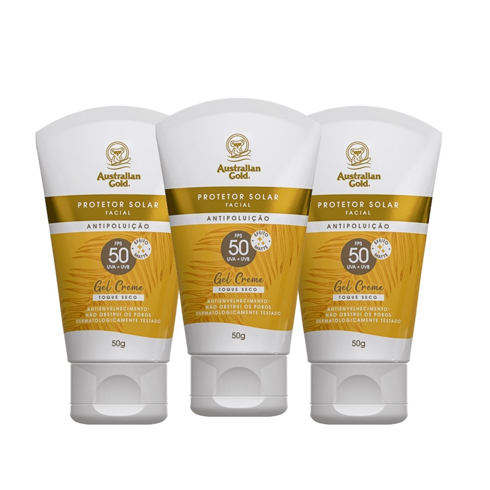 Kit 3 Protetor Solar Facial Gel Creme Fps50 UVA/UVB Australian Gold 50g
