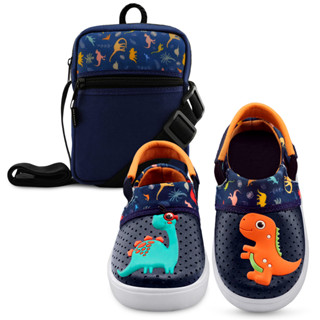 Kit Sandália Babuche Infantil Menino Dinossauros Com Shoulder Bag Marinho/Colorido BB&Kids em Oferta na Shopee