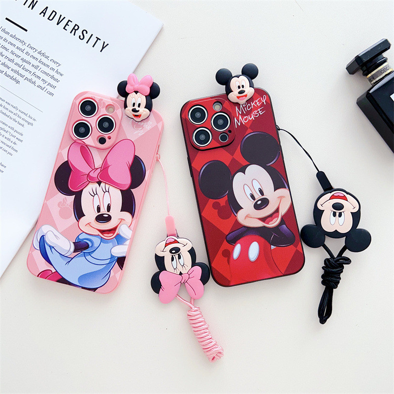 Capinha iphone 11/12/13/14/15/16 Pro max tpu soft phone case desenho animado tridimensional Mickey e Minnie suporte com