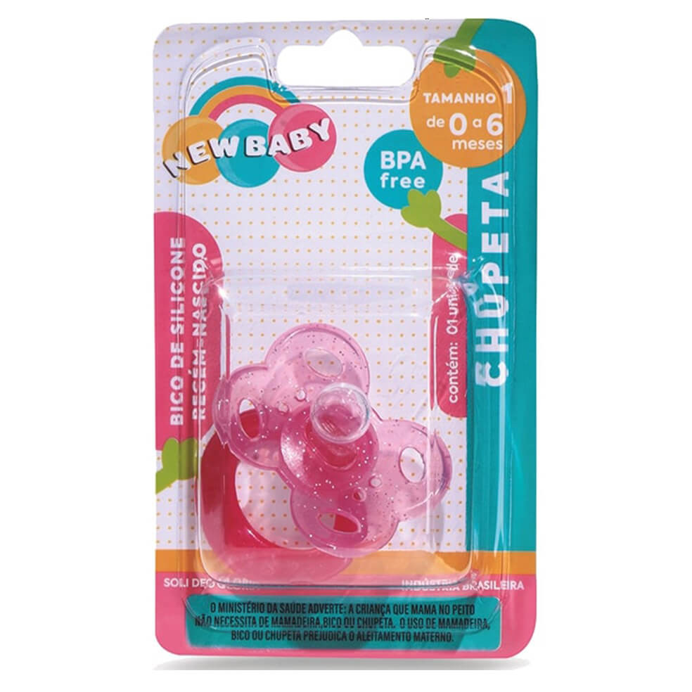 Chupeta New Baby Glitter Silicone Assimétrico Fase 1