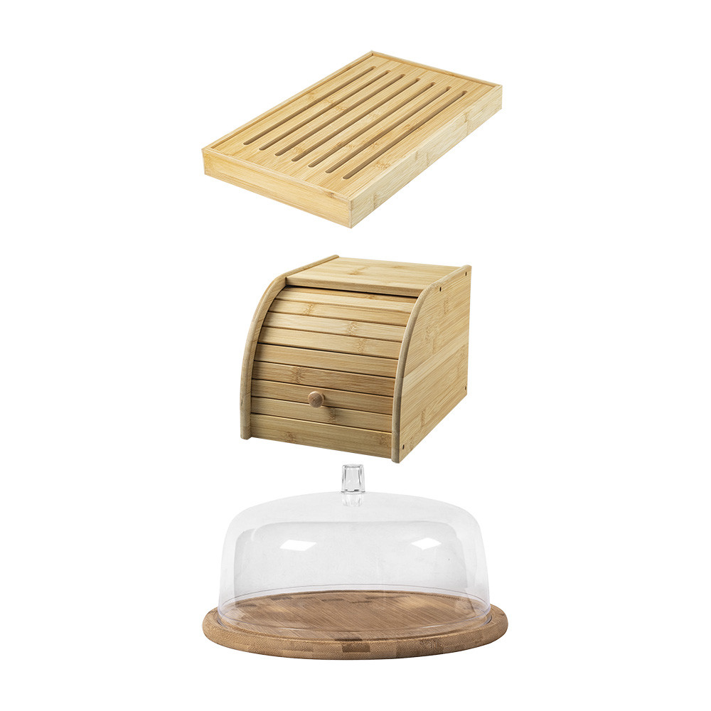 Kit para Servir com 01 Migalheira + 01 Porta Pão + 01 Boleira em Bambu Ou