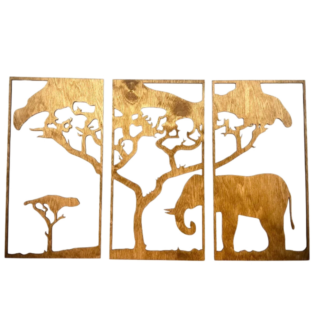 Conjunto Trio de Quadros Elefante Sombra Árvores Floresta Arte Moderna em MDF 3mm Cru 80cm x 40cm