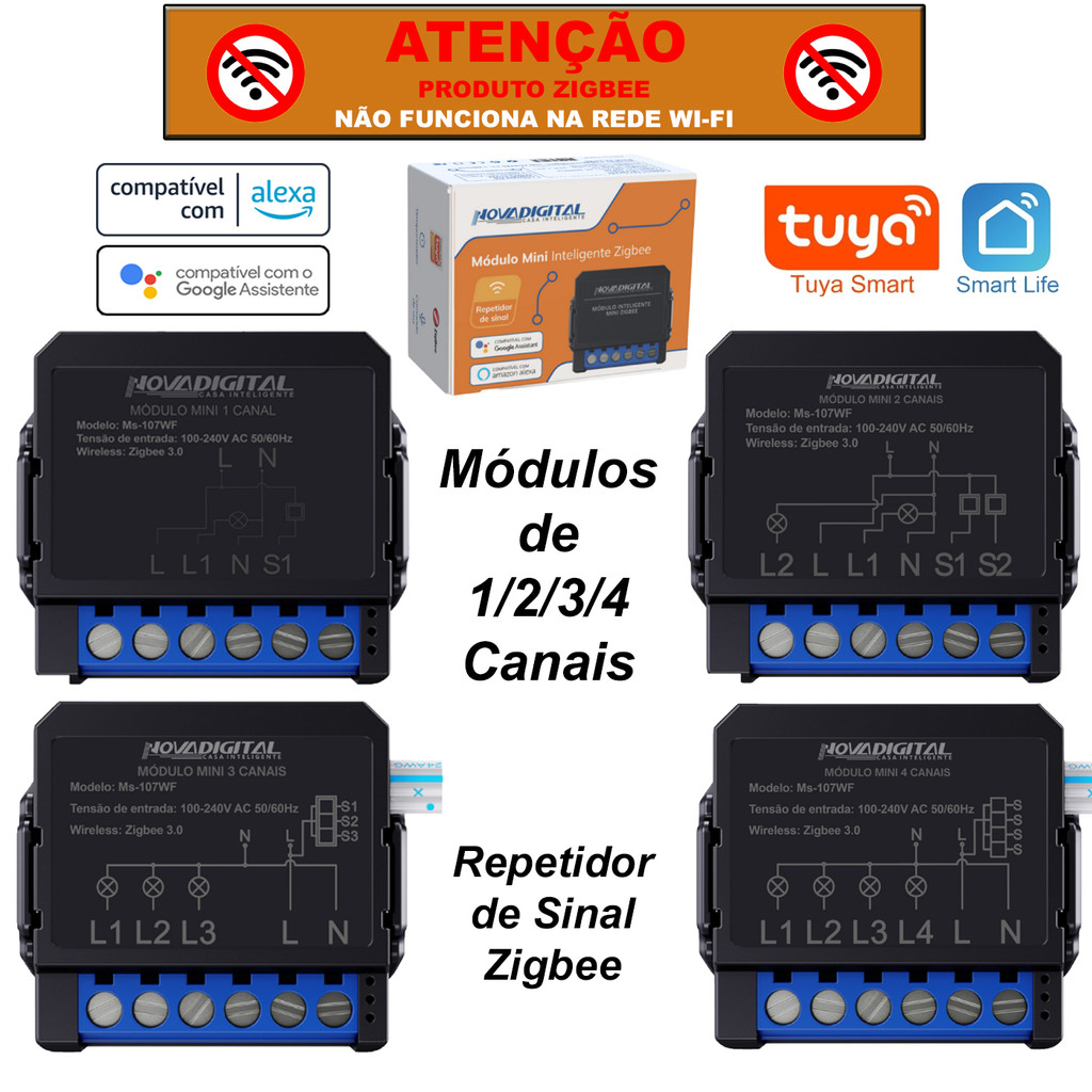 Módulo Relé Mini Smart Zigbee de 1/2/3/4 Canais Tuya Nova Digital Compatível Alexa > NÃO É WI-FI <