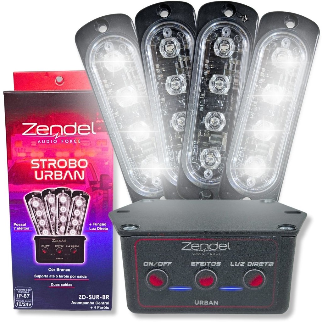 KIT STROBO URBAN + CENTRAL COMANDO 12V 24V ZENDEL COM 4 FARÓIS BRANCO AMBULANCIA VIATURA SINAL ZD-SUR-BR