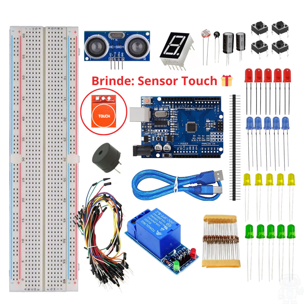 Kit Uno R3 Maker 100pcs c/ protoboard rele sensor ultrassonico p/ Arduino