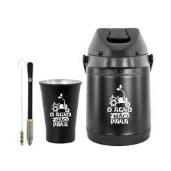 Kit Tereré Garrafa Térmica Preta 2.5l Bomba Preta Mola Conica Copo Alumínio Preto 280ml
