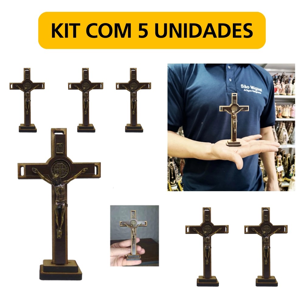Cruz Crucifixo Parede Mesa São Bento 15 cm Kit com 5 Unidades