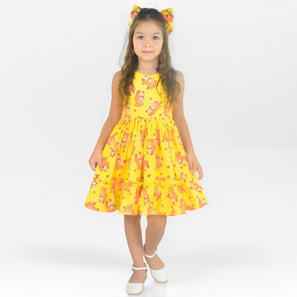 Vestido Infantil Capivara Charmosa Amarelo Mini Fashionista Luxo