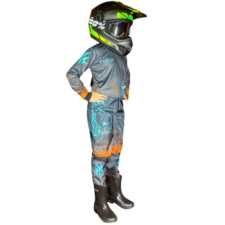 CONJUNTO INFANTIL MOTOCROSS OFF-ROAD TRILHA ENDURO AZUL LARANJA LEON RUGGE