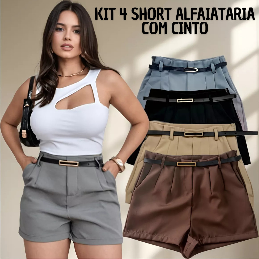 Kit 4 Short Alfaiataria Feminino Bermuda Alfaiataria Feminino Com Cinto Super Confortável em Oferta na Shopee