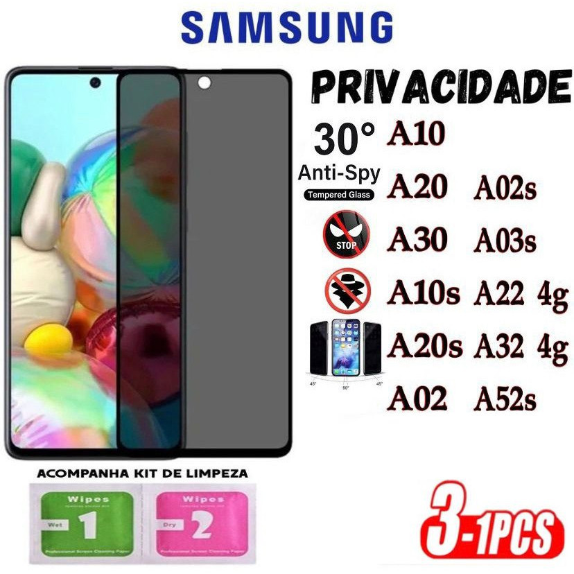 Kit Película Privacidade 3D Anti Spy Samsung A10/A20/A30/A10S/A20S/A02/A02S/A03S/A22 4G/A32 4G/A52S