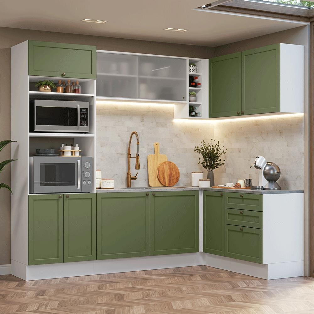 Armário de Cozinha Completa de Canto 399 cm Branco/Verde Vik Madesa 01