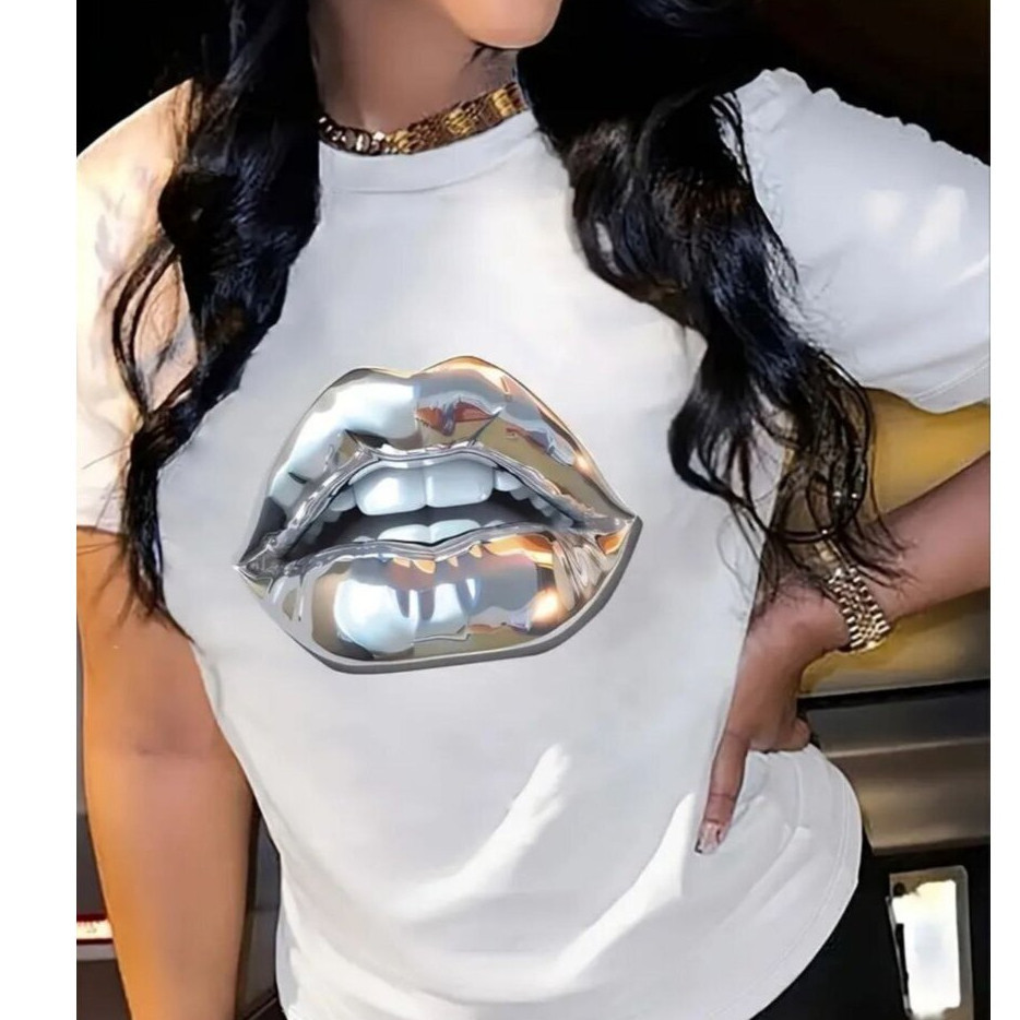 Camiseta Premium em Algodão Puro Camiseta Feminina Oversized Streetwear Boca Prata Blusa Tendencia 2025 Estampada