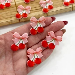 Aplique Cereja com Laço Rosa 3cm para Laços Acrílico Kit 4, 12, 24 ou 36 Peças