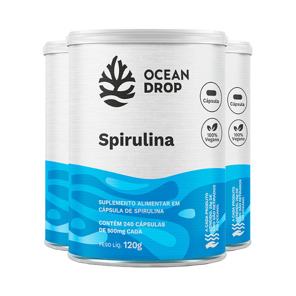 Kit 3 Spirulina Ocean Drop Vegana 240 Cápsulas