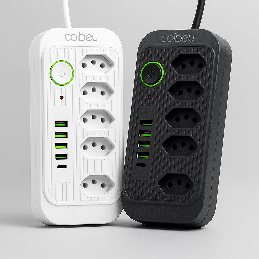 Filtro de Linha Compacto com 5 Entradas AC, 4 USBs e Conector Tipo C Envio Imediato