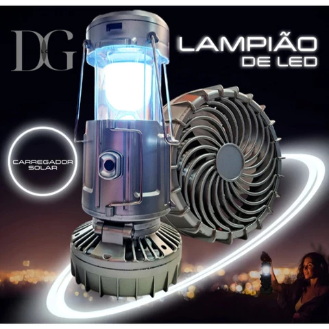 Lanterna Lampião Luminária Led com Ventilador Recarregável 3 Em 1 Com Placa Solar Acampamento
