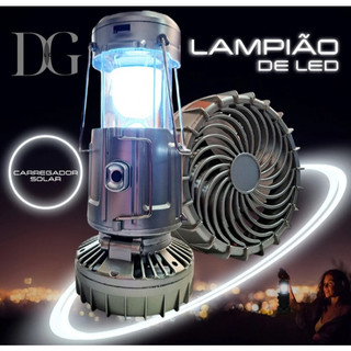 Lanterna Lampião Luminária Led com Ventilador Recarregável 3 Em 1 Com Placa Solar Acampamento