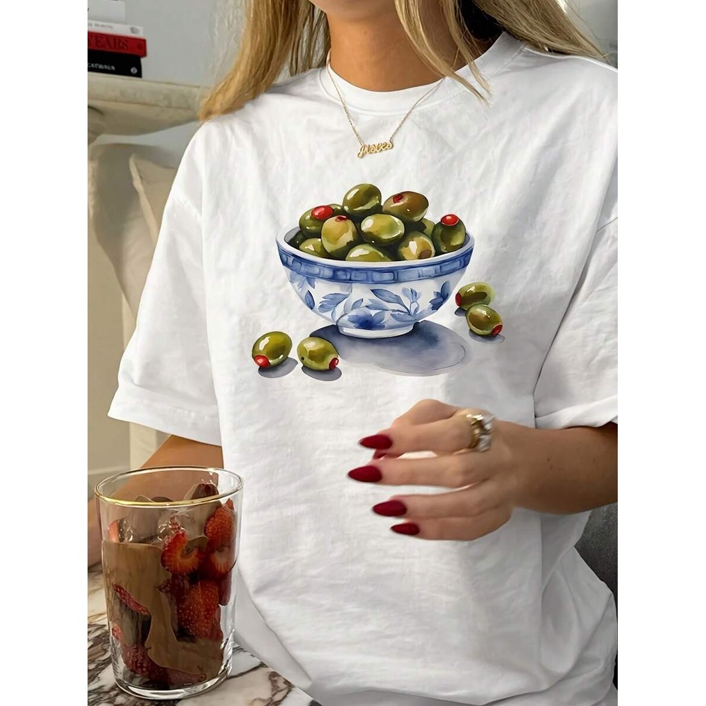 Tshirt Feminina Estilosa Estampada Azeitona Lançamento Camiseta 100% Algodão Camisetão Camisa Oversized Plus Size