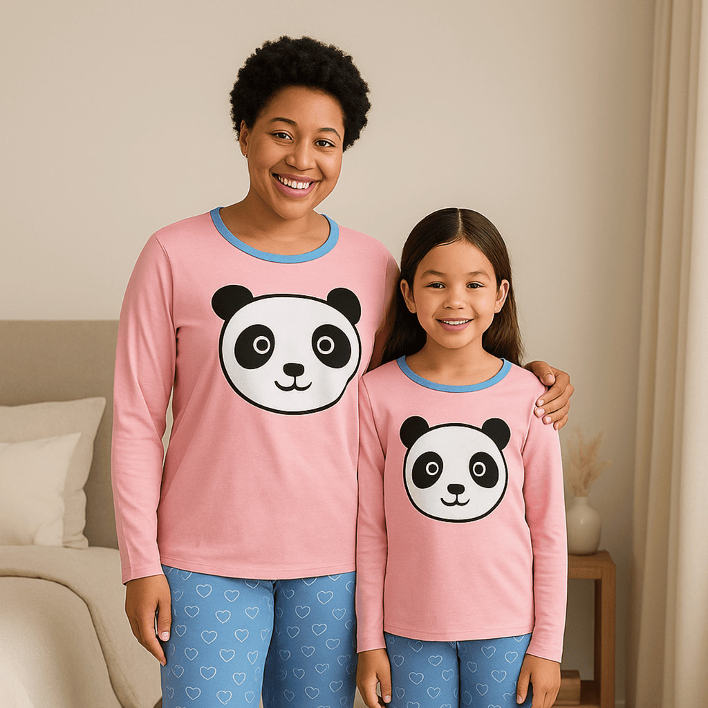 Kit Pijama Mãe e Filha Panda Inverno Calça Malha Manga Comprida Longo Coração Infantil e Adulto