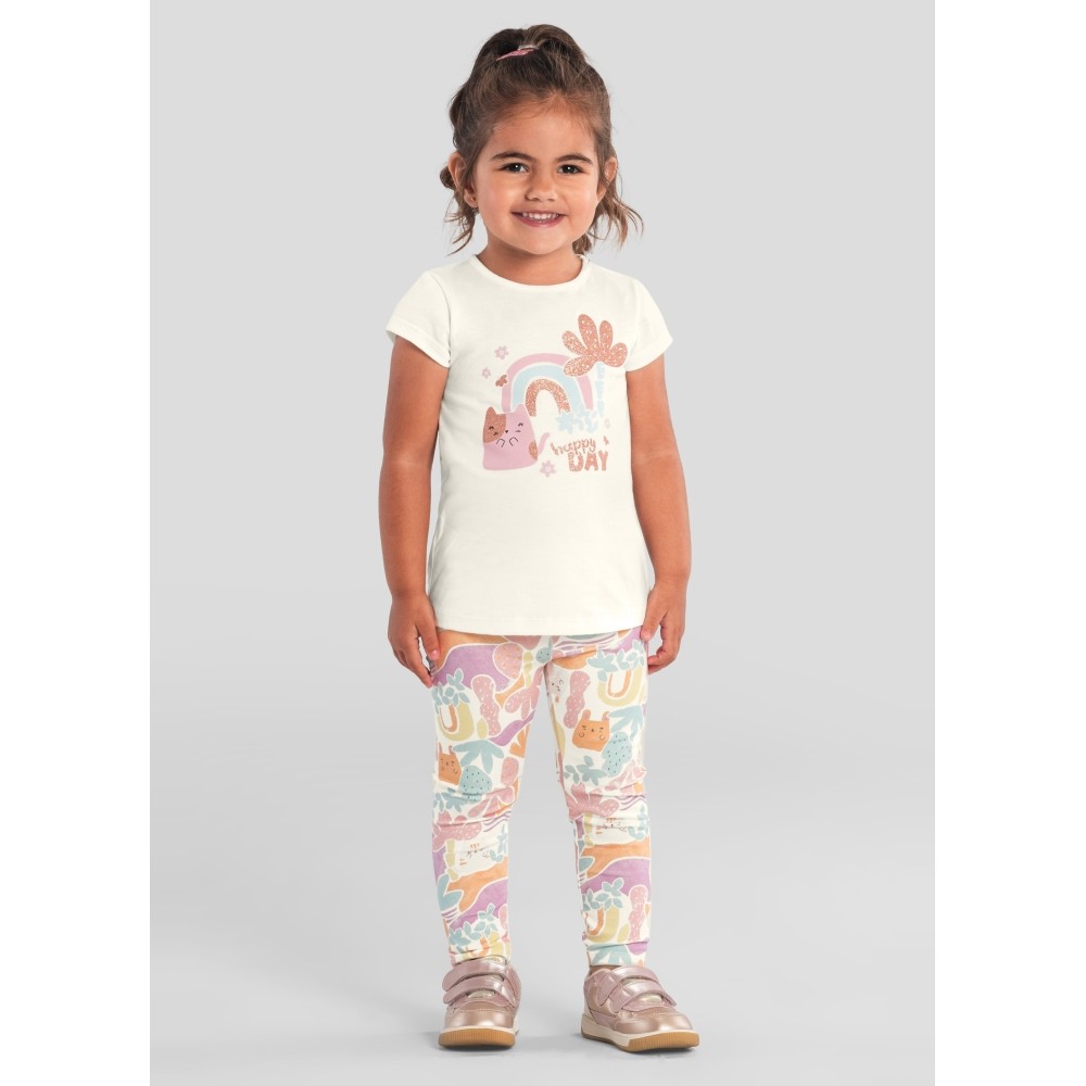 Conjunto Infantil Menina Verão Brandili com Calça Legging e Blusa Branca Gatinho