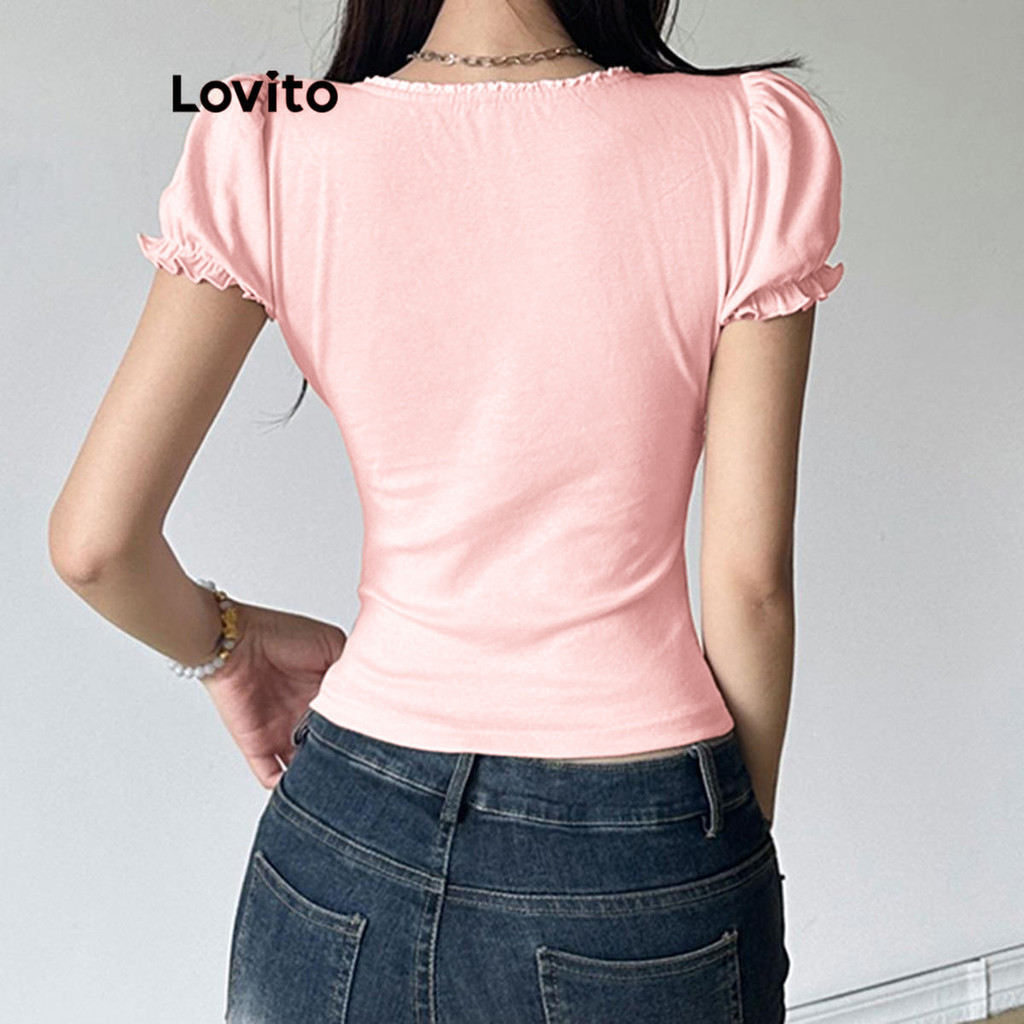 (Trendy) Lovito Camiseta Casual Lisa Com Babados E Gola Frontal E Botão Para Mulheres LNE67291 - Women Clothes