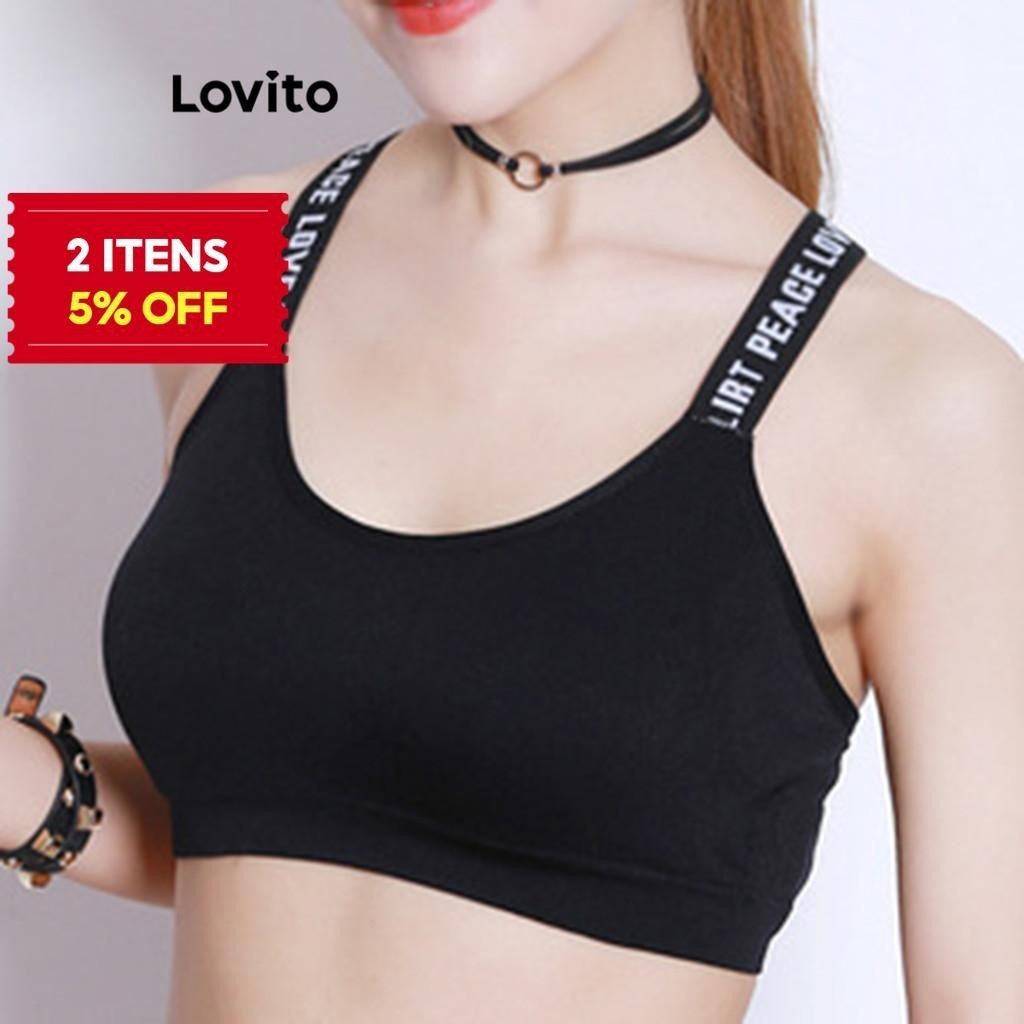 (Trendy) Lovito Sutiã Esportivo Esportivo Liso Cruzado Para Mulheres LNL56275 - Sports & Outdoors