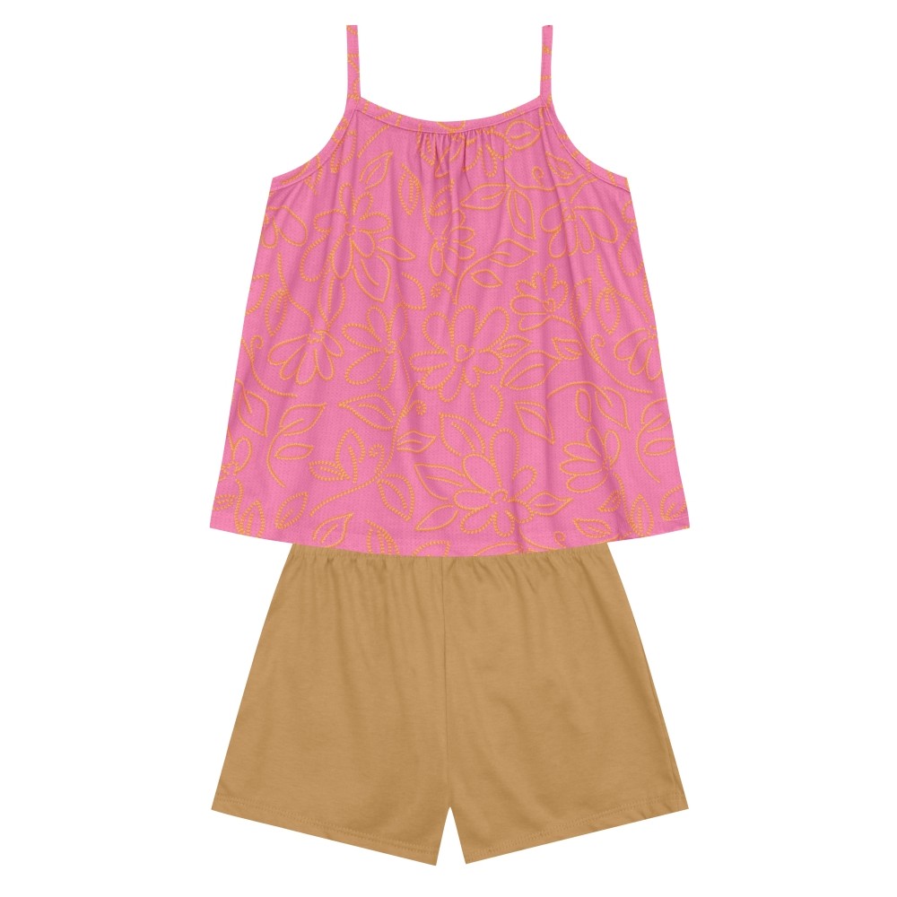 Conjunto Infantil Menina Brandili com Shorts Marrom e Blusa Rosa Tropical