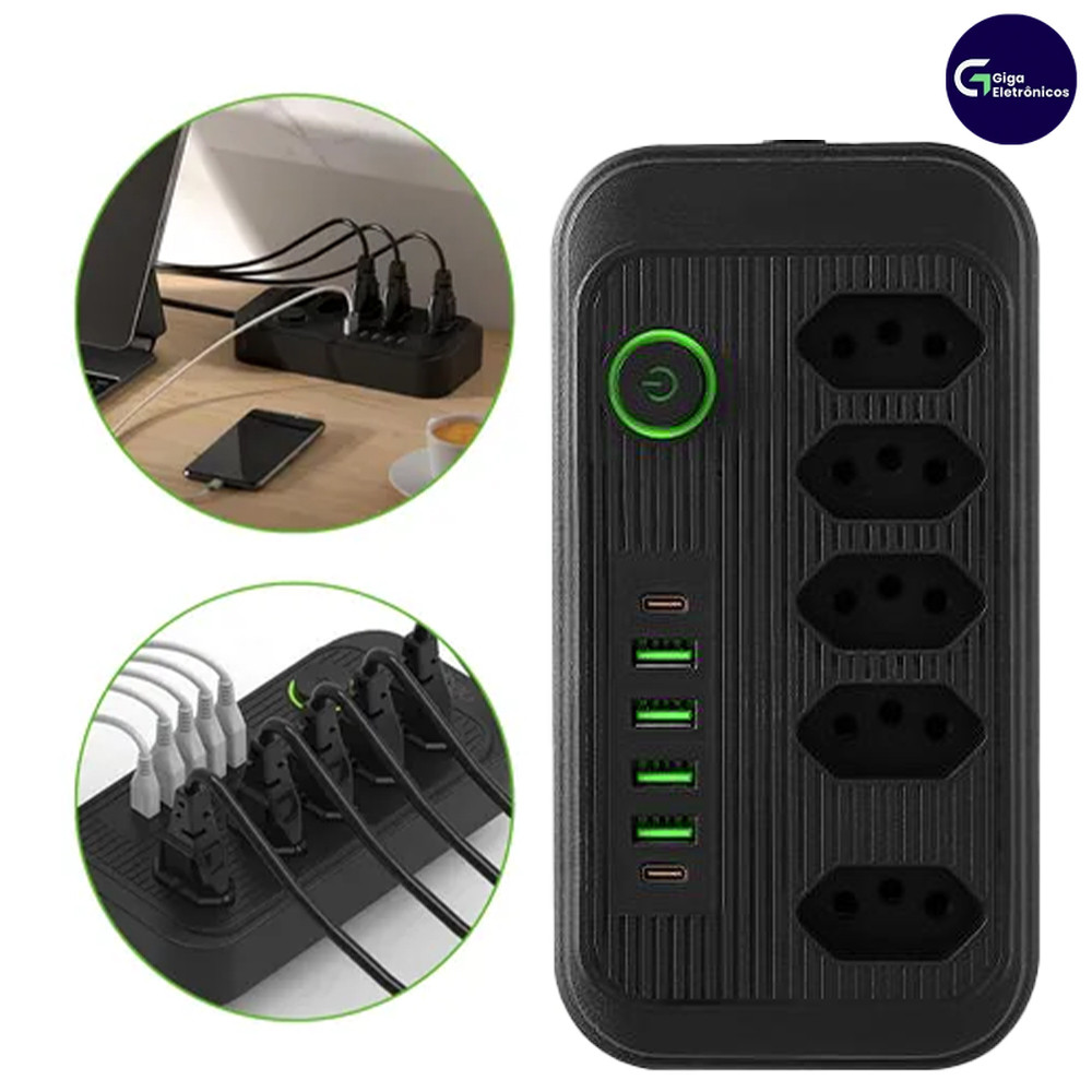 extensão Bivolt 5+ Tomadas USB, Coibeu Extensão Filtro Segurança 4 USB Tipo C com Cabo Energia Casa