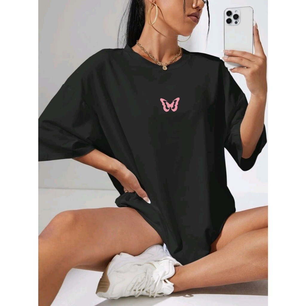 Camisa Camiseta Feminina Oversized Algodão Academia Treino Estampa Borboleta