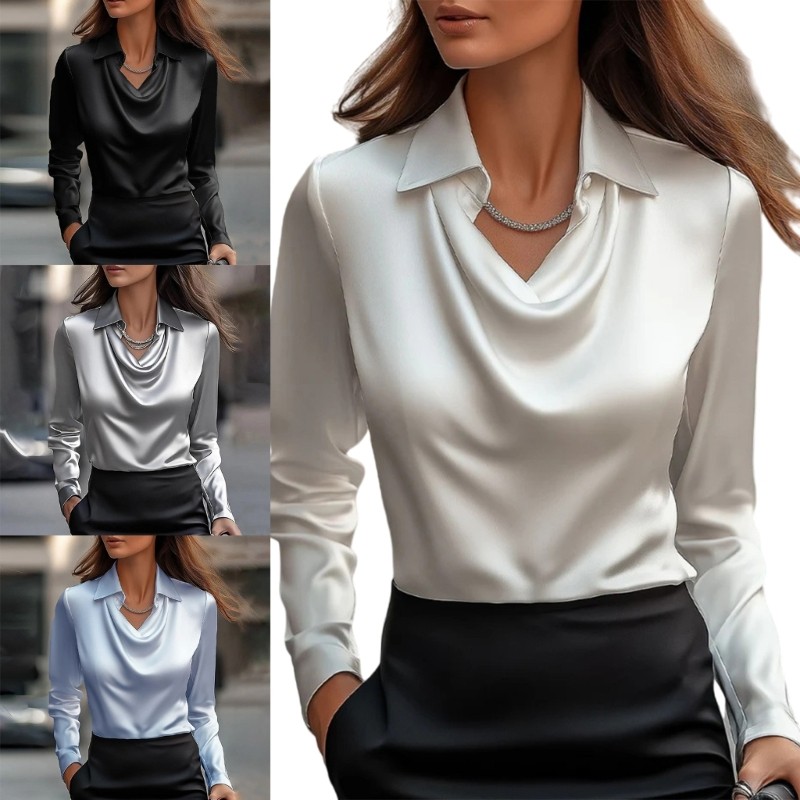 * Camisa Feminina Comprida Redonda, Blusa Casual Solta Cetim Para Negócios, Escritório, Traba