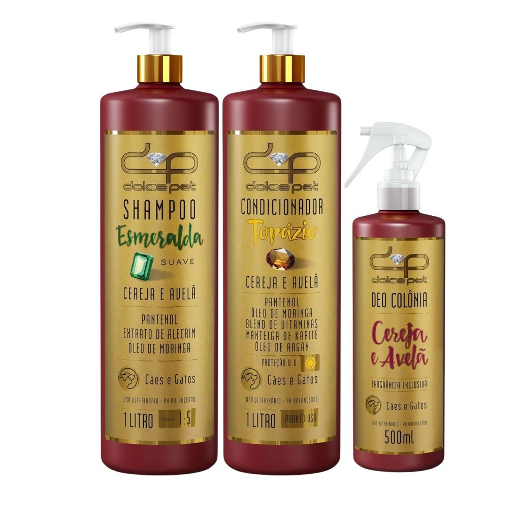 Kit Dolce Pet Shampoo Suave 1:5 Condicionador Perfume 500ml Cereja e Avelã Cães e Gatos