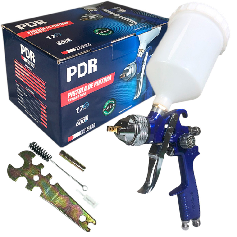 Pistola de Pintura Profissional 1.7mm PDR Com Sistema HVLP 35psi a Gravidade com Copo Branco 600ml em Oferta na Shopee