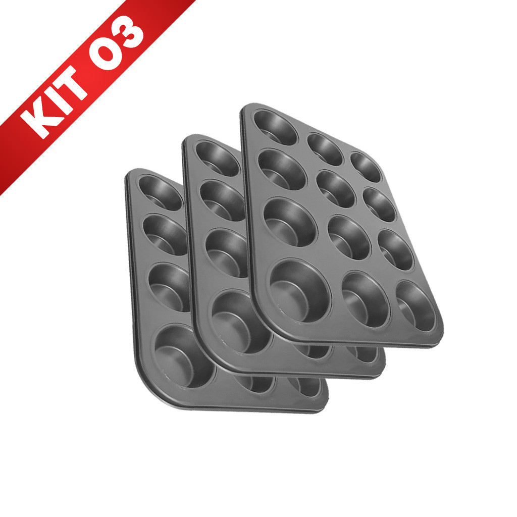 Kit 3 Forma Cupcake 12 Furos Assadeira Bolo Antiaderente Cavidades Bolinhos Teflon Empada Pão Queijo