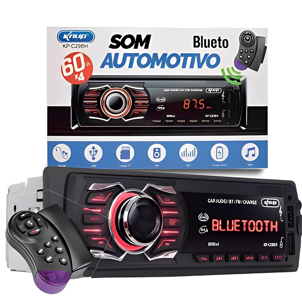 Rádio Som Automotivo MP3 Bluetooth USB Leitor de Cartão SD 60Wx4 Compatível com Controle do Volante