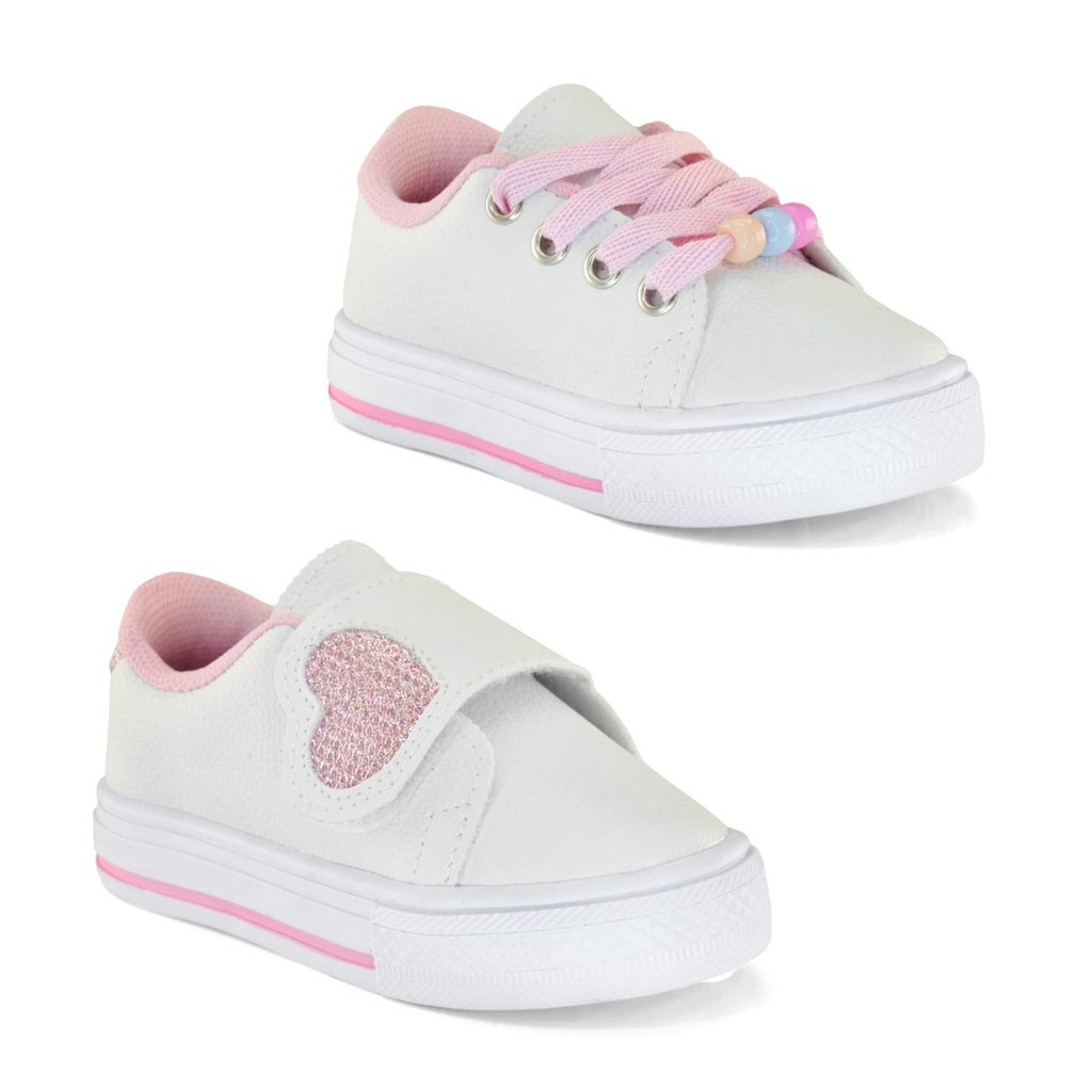 Kit 2 Tênis Infantil Menina Cadarço com Detalhe de Miçanga e Velcro de Coração Brilhante