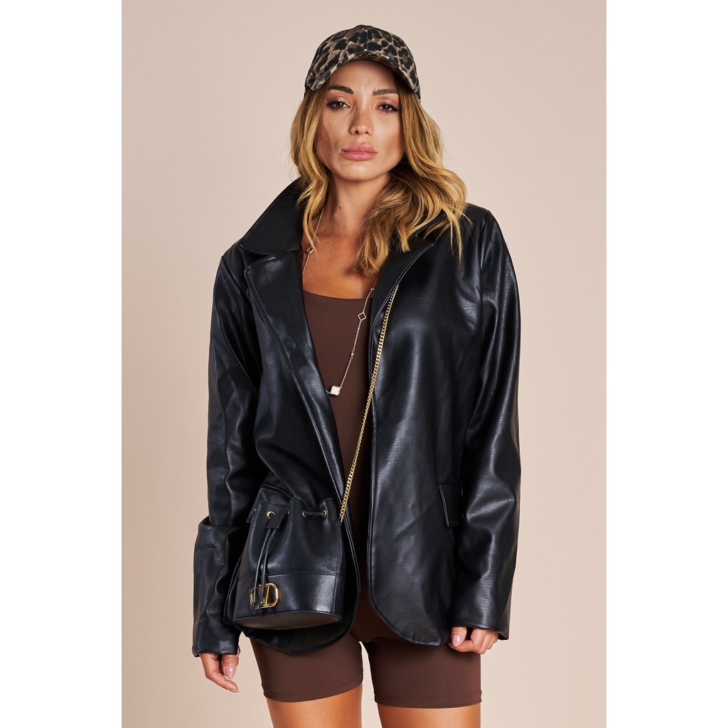 Blazer Oversized Gioh De Couro Rayon - Preto