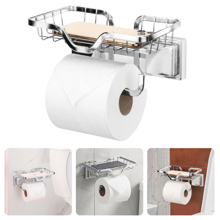 Suporte Porta Papel Higiênico Prateleira Celular Adesivo 3M Cromado Brilhoso Banheiro Lavabo