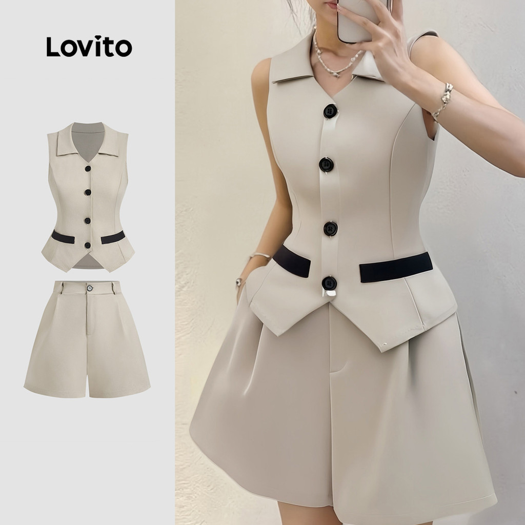 (New) Lovito Conjunto de Shorts Elegantes com Acabamento em Contraste  Primavera/verão  Top cáqui LBL27032 em Oferta na Shopee