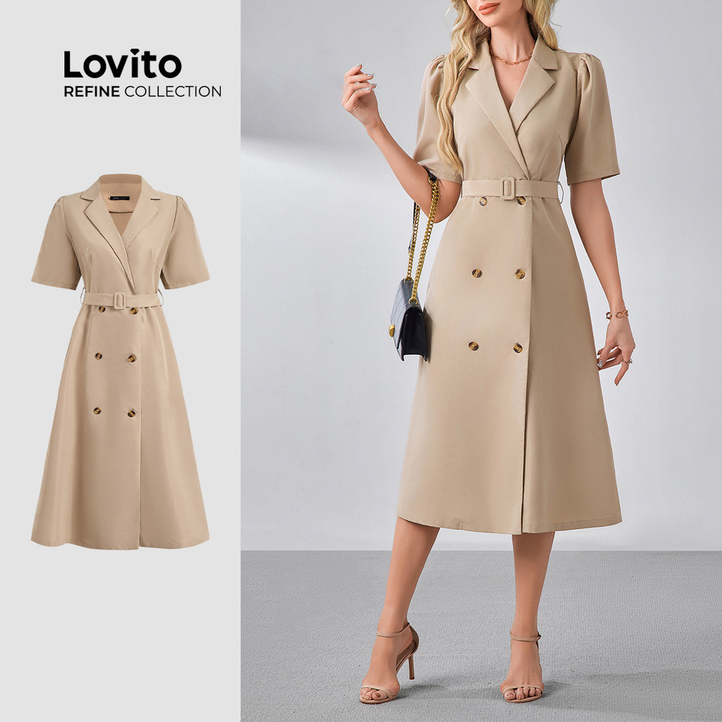 (Lovito Refine) Vestido Elegante de Botão com Cinto para Primavera/verão  em Cáqui  para mulheres LR13L096 em Oferta na Shopee