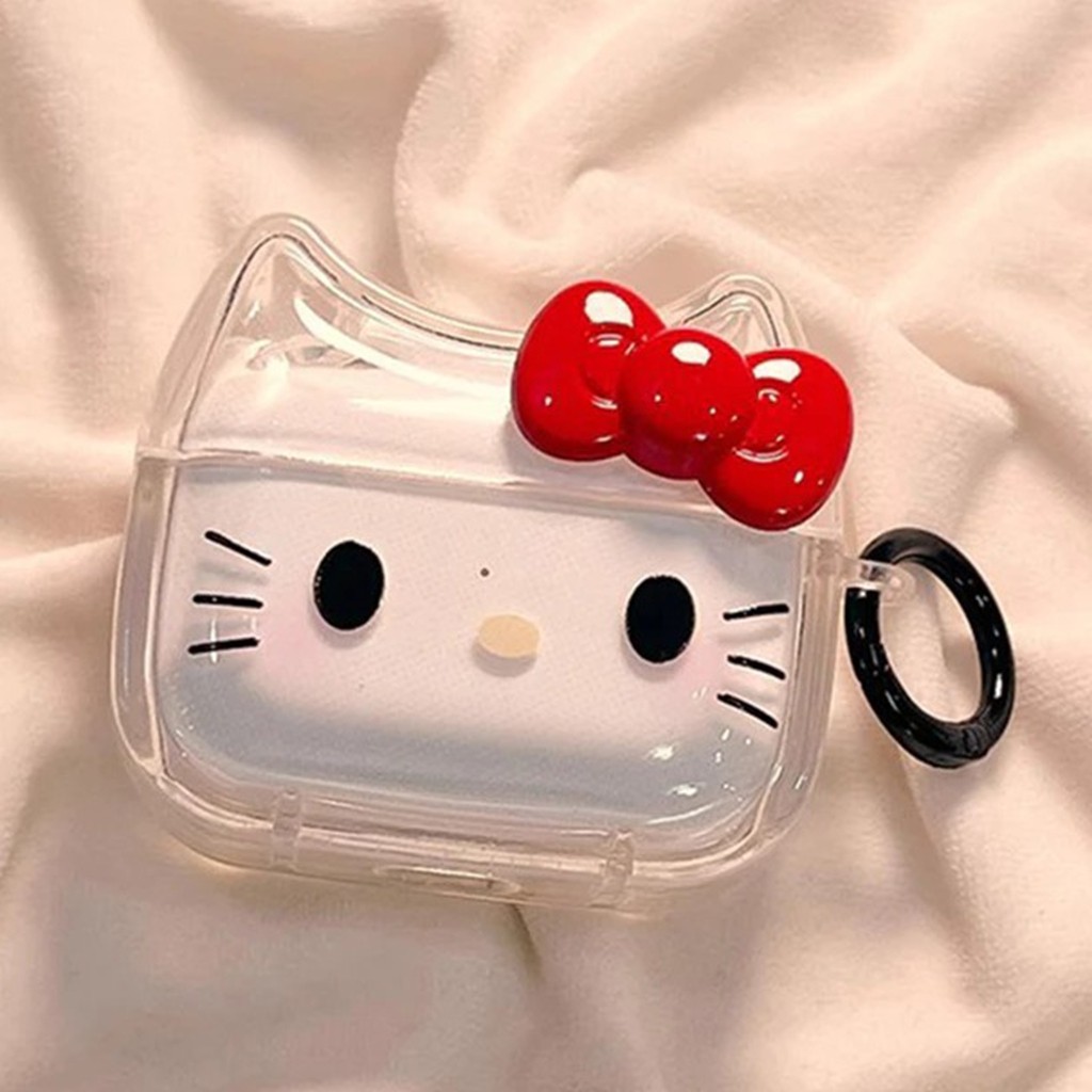 Para Airpods 4 Pro 3 2 1 Sweet 3D Red Bowknot Decor Hello Kitty Cat Shape Soft TPU Capa De Fone De Ouvido À Prova De Cho