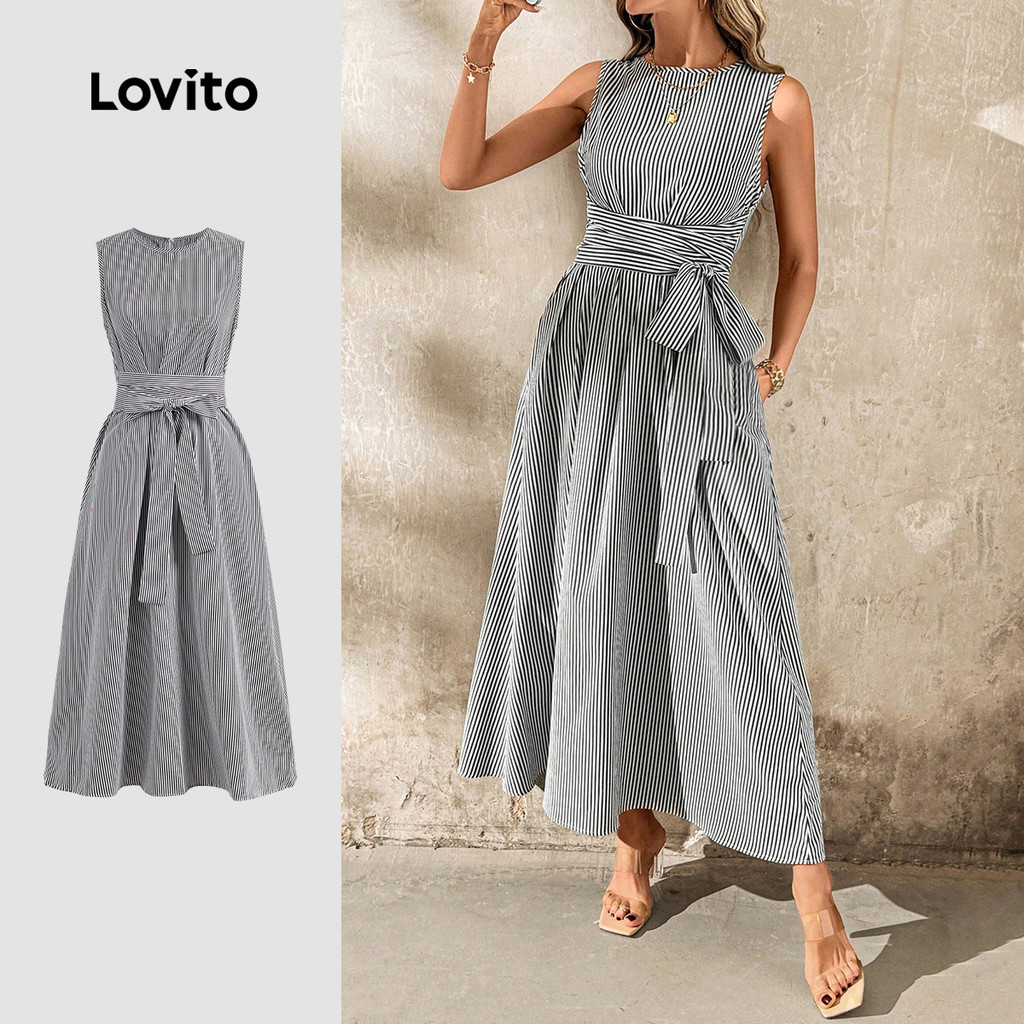 Lovito Vestido elegante listrado com cinto cruzado para mulheres LBL23616 em Oferta na Shopee