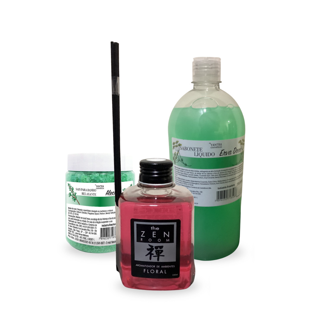 Kit Sabonete Líquido Aromatizador de Ambientes e Sais de Banho Banheira Relaxante Perfumado Spa