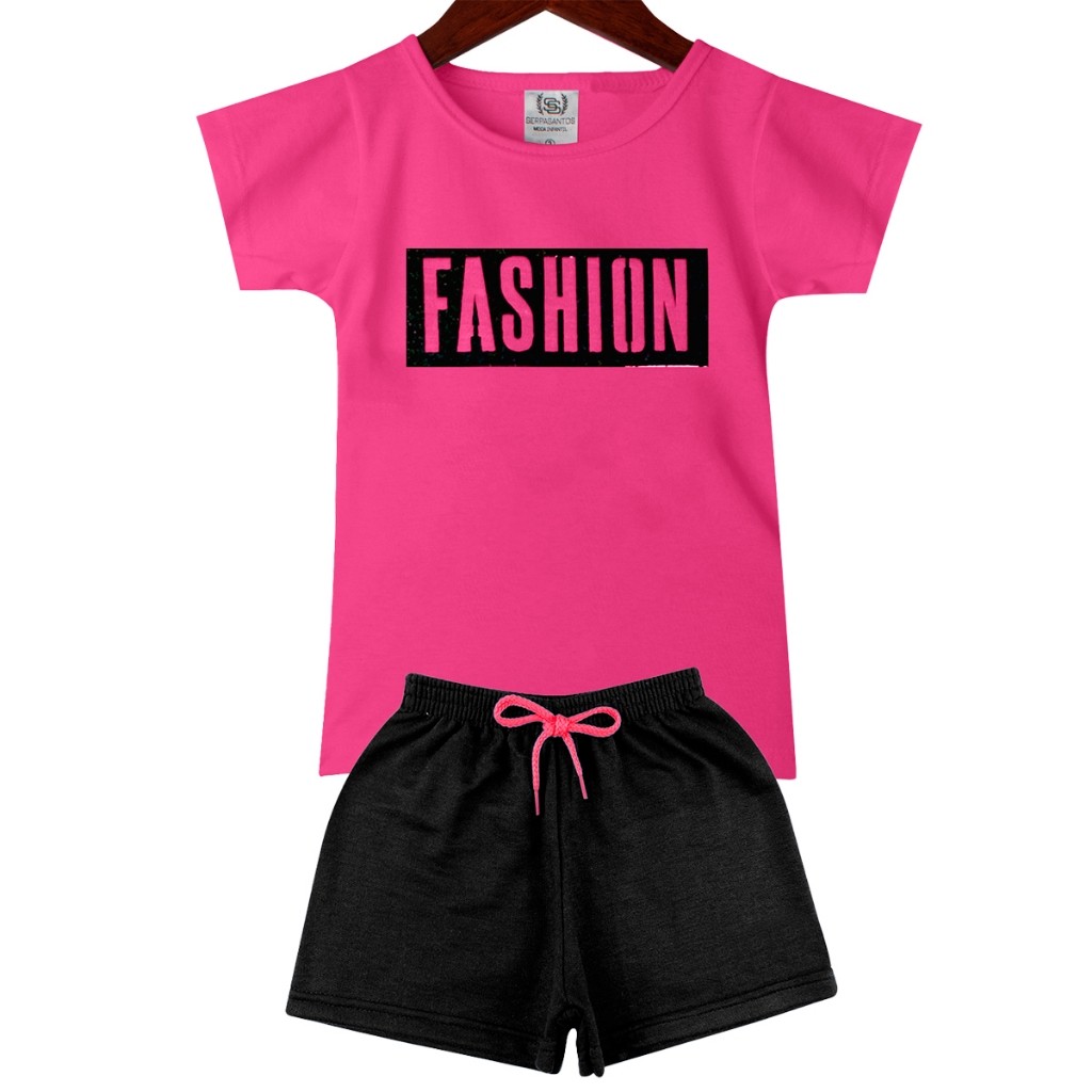Conjunto Infantil Juvenil Rosa Pink Fashion Feminino Menina - Duas Peças: Shorts + Camiseta - Tamanho 03 e 04