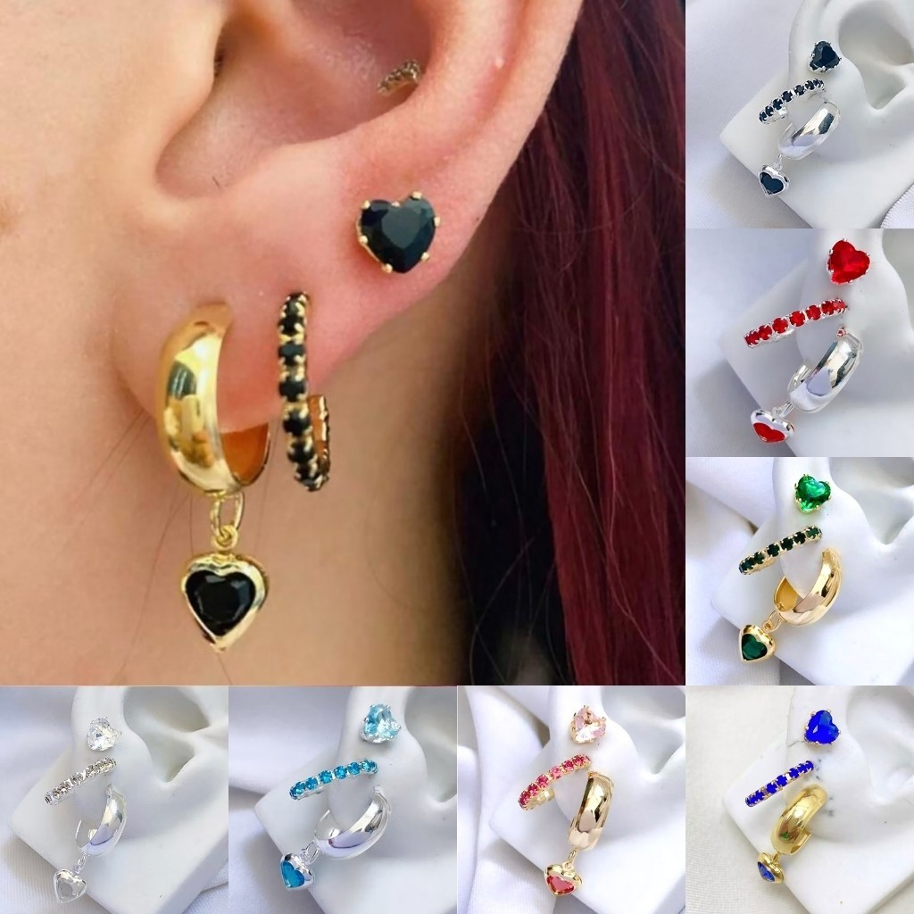 Brincos de argola tripla banhados a Ouro 18K ou prata 925 com lindos cristais de zircônia coloridos em Oferta na Shopee