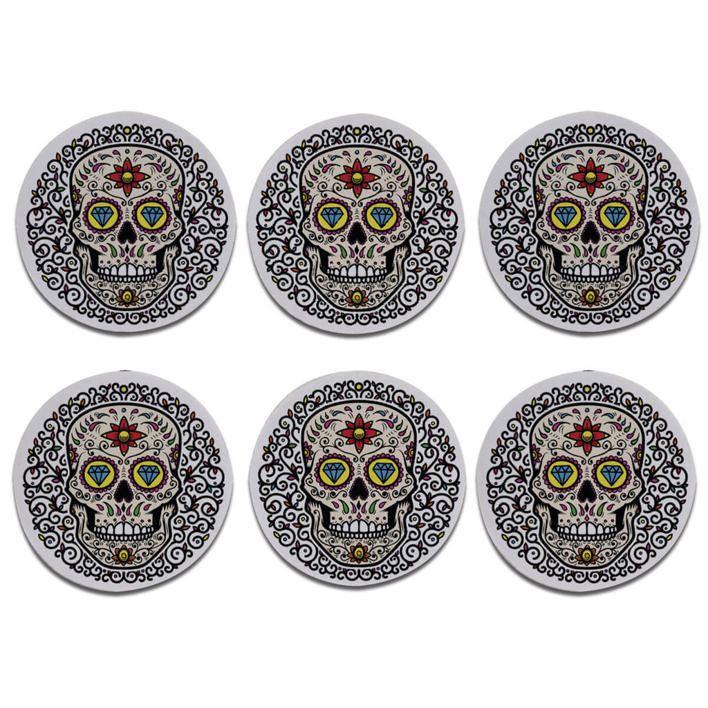 Kit de 6 Porta-Copos Redondos - Caveira Mexicana Los Muertos