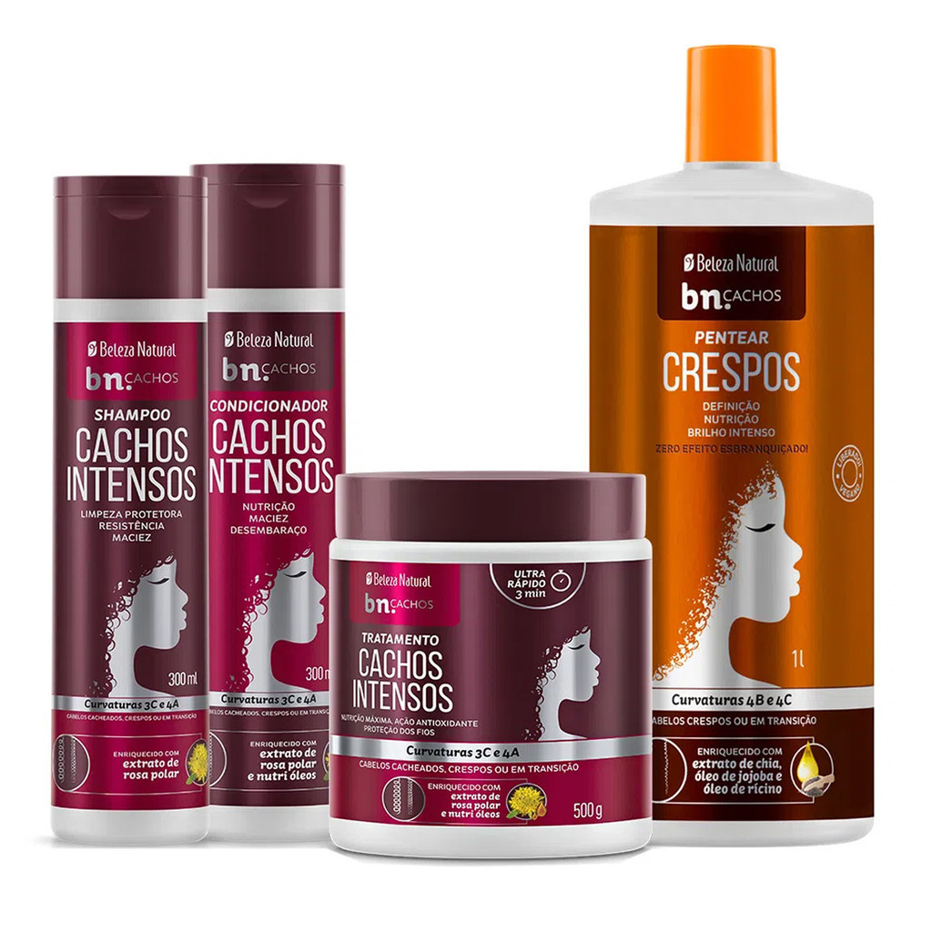 Kit Beleza Natural Cachos Intensos + Pentear Crespos bn.Cachos em Oferta na Shopee